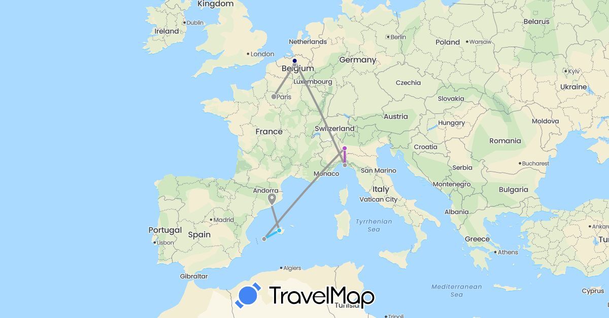 TravelMap itinerary: driving, plane, train, boat in Belgium, Spain, France, Italy (Europe)